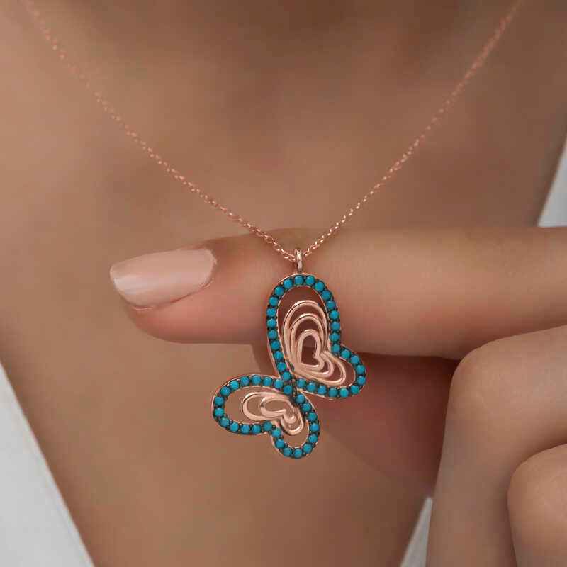 Turquoise Stone Butterfly Women's Rose Plated Silver Pendant