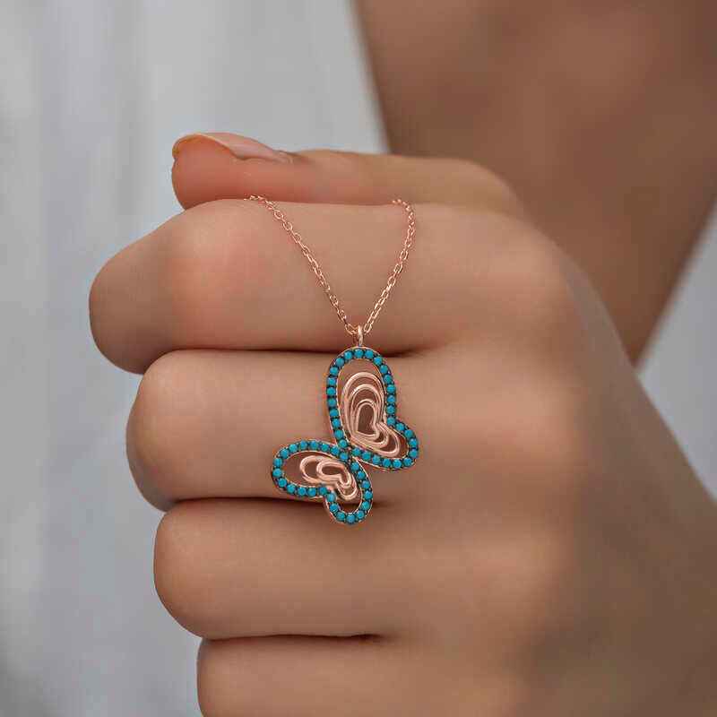 Turquoise Stone Butterfly Women's Rose Plated Silver Pendant