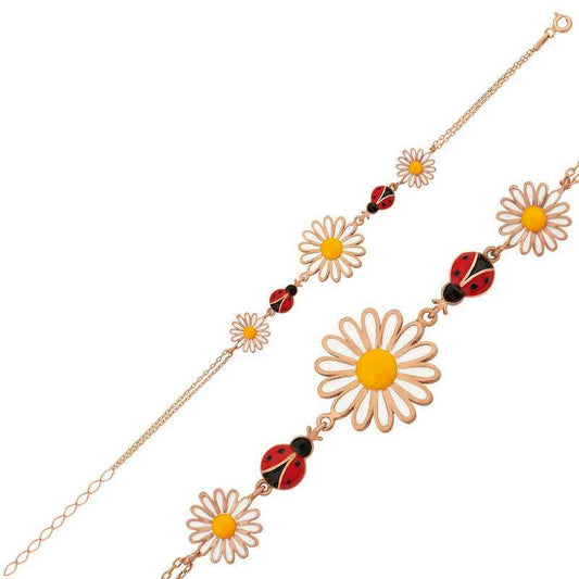 Rose Gold Plated Ladybug Daisy Women's Silver Bracelet