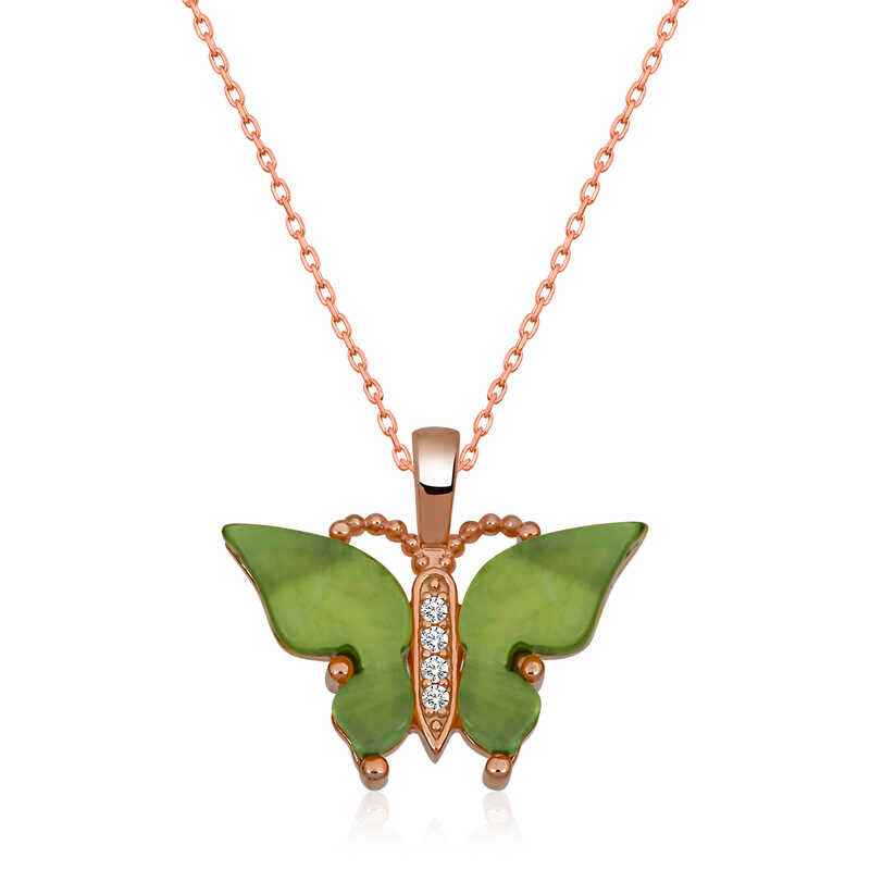 Green Tiger's Eye Stone Butterfly Women's Rose Plated Silver Necklace