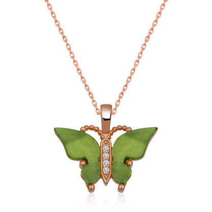 Green Tiger's Eye Stone Butterfly Women's Rose Plated Silver Necklace