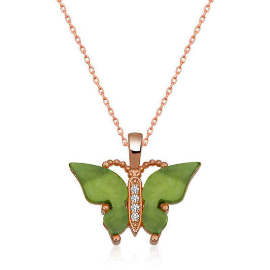Green Tiger's Eye Stone Butterfly Women's Rose Plated Silver Necklace
