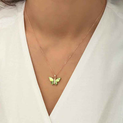Green Tiger's Eye Stone Butterfly Women's Rose Plated Silver Necklace