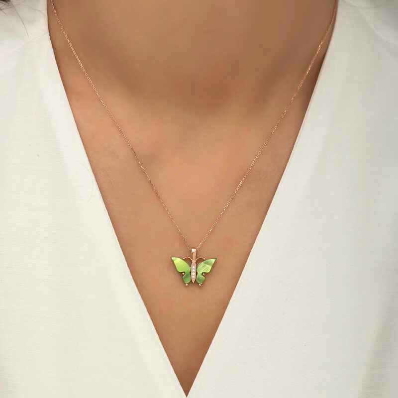 Green Tiger's Eye Stone Butterfly Women's Rose Plated Silver Necklace