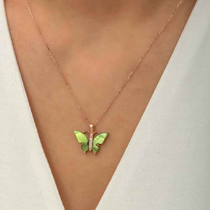 Green Tiger's Eye Stone Butterfly Women's Rose Plated Silver Necklace