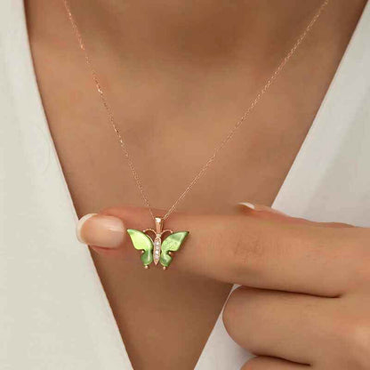 Green Tiger's Eye Stone Butterfly Women's Rose Plated Silver Necklace
