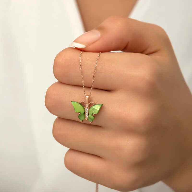 Green Tiger's Eye Stone Butterfly Women's Rose Plated Silver Necklace