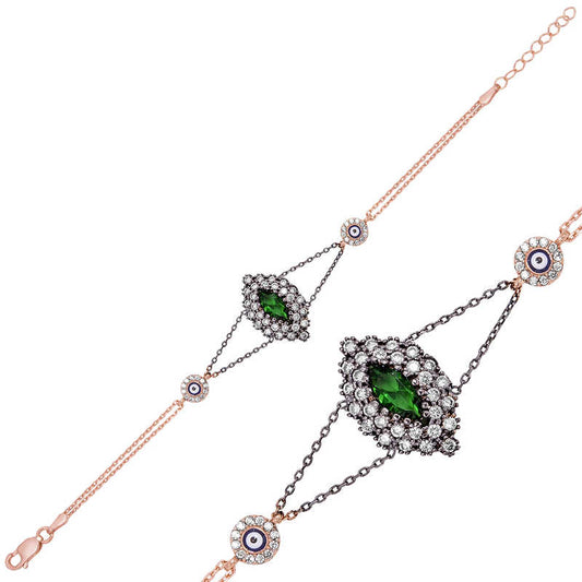 Green Stone Rose Plated Authentic Women's Silver Bracelet