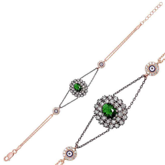 Green Stone Authentic Rose Plated Silver Women's Bracelet