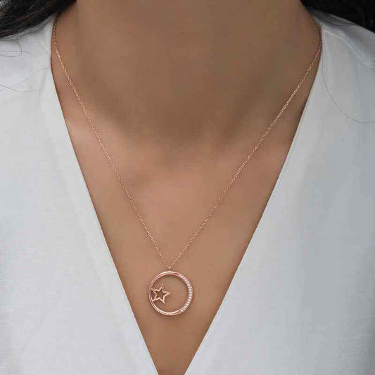 Star Detailed Ring Women's Rose Plated Silver Necklace