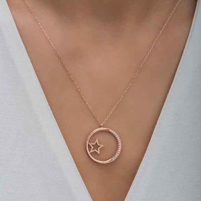Star Detailed Ring Women's Rose Plated Silver Necklace
