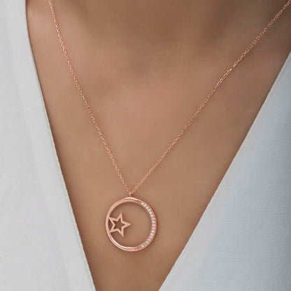 Star Detailed Ring Women's Rose Plated Silver Necklace