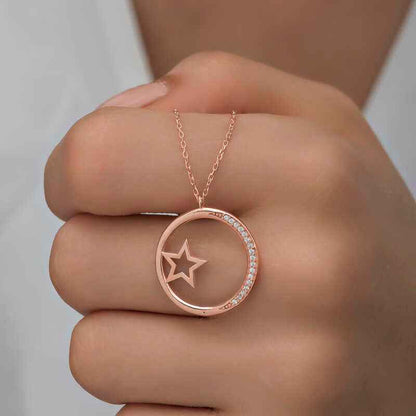 Star Detailed Ring Women's Rose Plated Silver Necklace