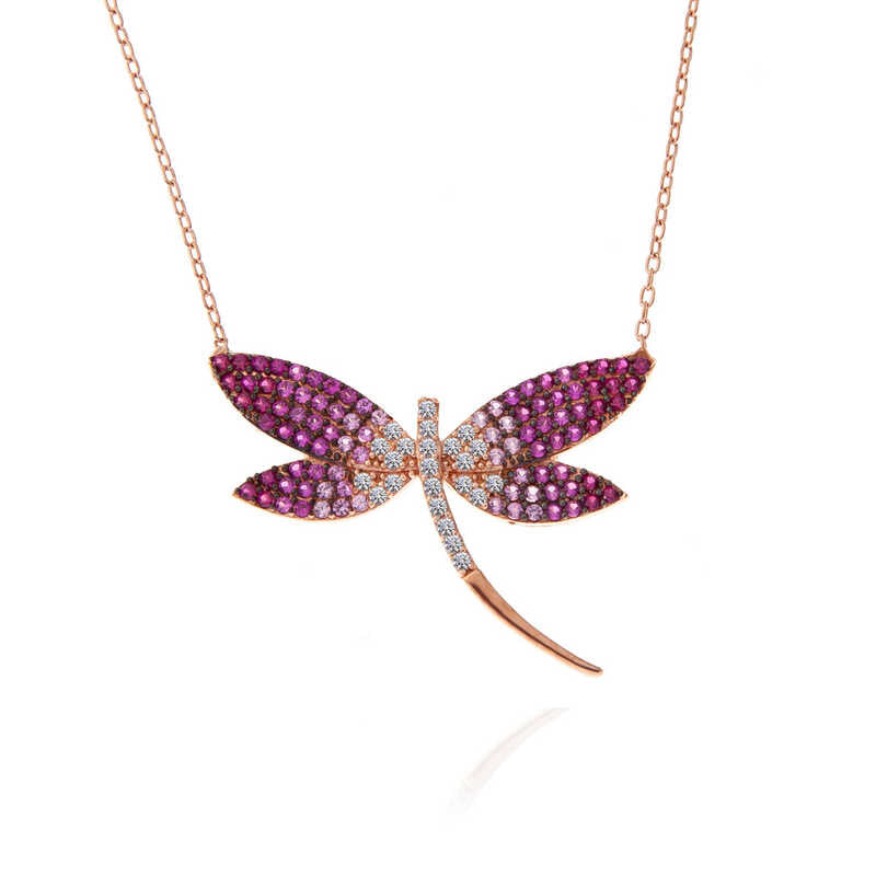 Collier en argent plaqué rose pour femme avec libellule