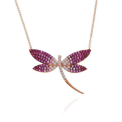 Collier en argent plaqué rose pour femme avec libellule