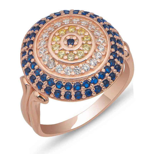 Round Evil Eye Women's Rose Plated Silver Ring