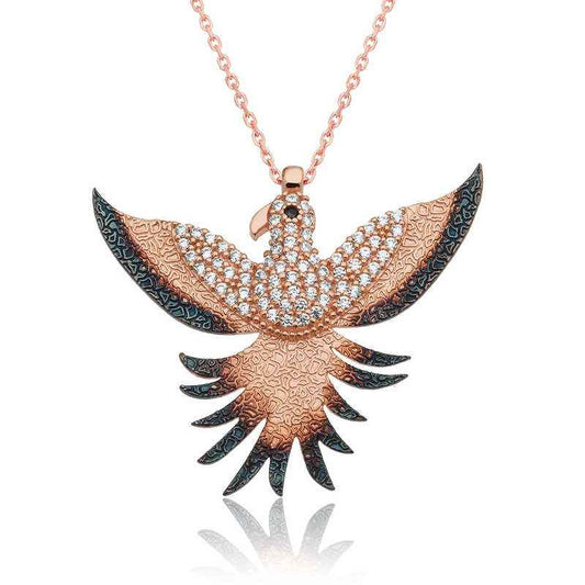Rose Gold Plated Emerald Phoenix Silver Pendant