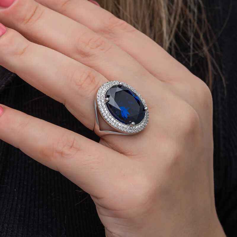 Sapphire Stone Women's Silver Ring