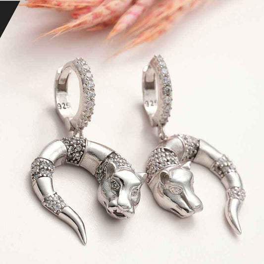 Swinging Tiger Figure Women's Silver Earrings