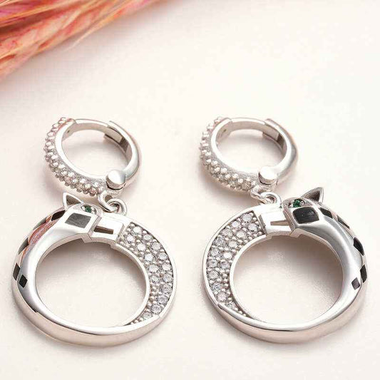 Swinging Tiger Figure Women's Silver Earrings