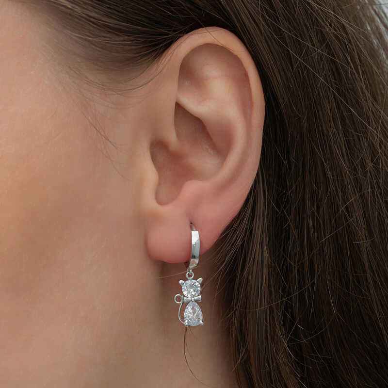 Dangling Cat Women's Silver Earrings