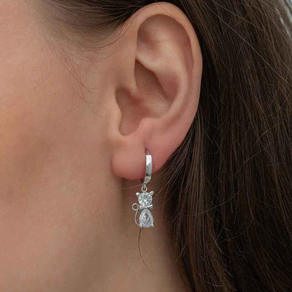 Dangling Cat Women's Silver Earrings