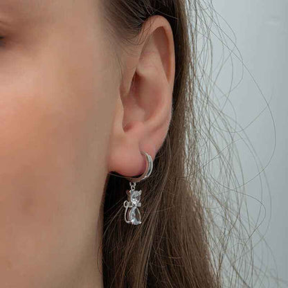 Dangling Cat Women's Silver Earrings