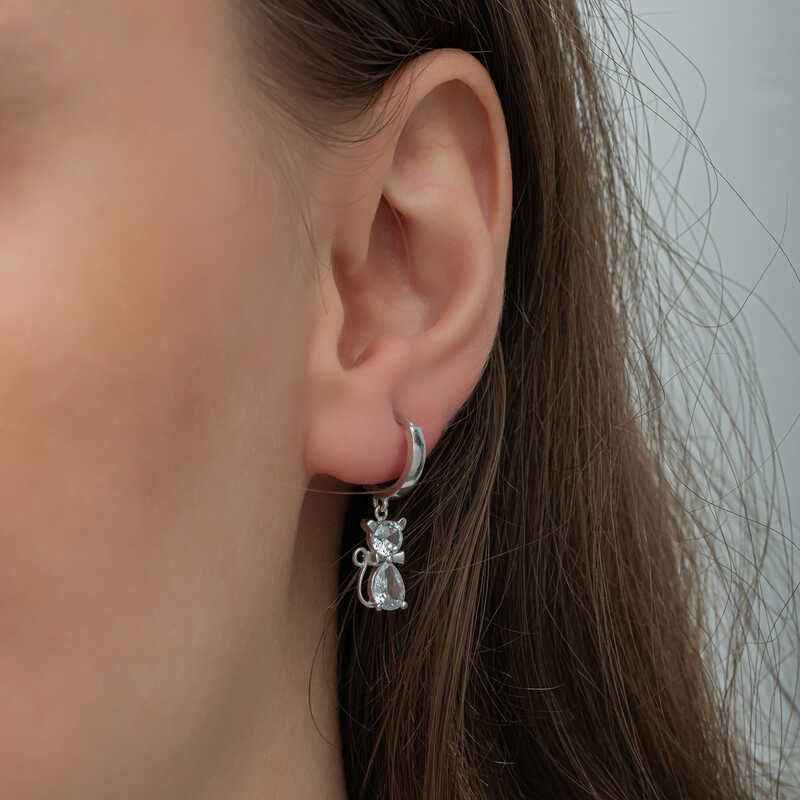 Dangling Cat Women's Silver Earrings