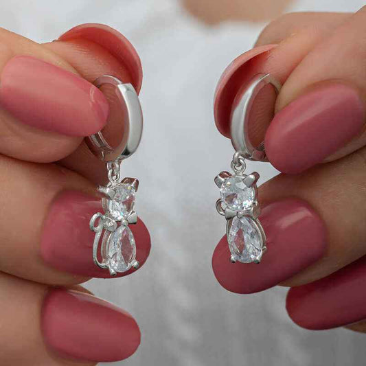 Dangling Cat Women's Silver Earrings