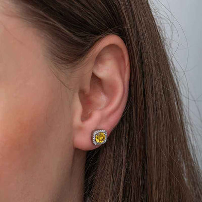 Yellow Baguette Stone Stud Women's Silver Earring