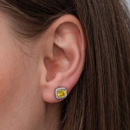 Yellow Baguette Stone Stud Women's Silver Earring