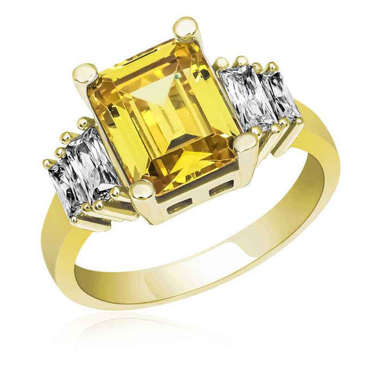 Gold Plated Yellow Baguette Stone Women's Silver Ring