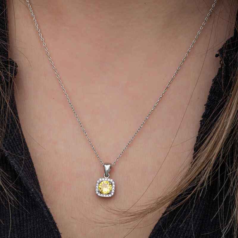 Yellow Baguette Stone Women's Silver Necklace