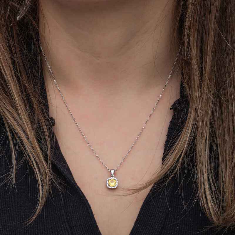 Yellow Baguette Stone Women's Silver Necklace
