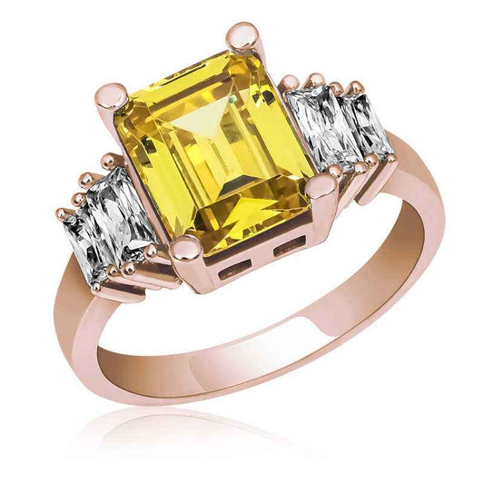Yellow Baguette Stone Rose Plated Women's Silver Ring