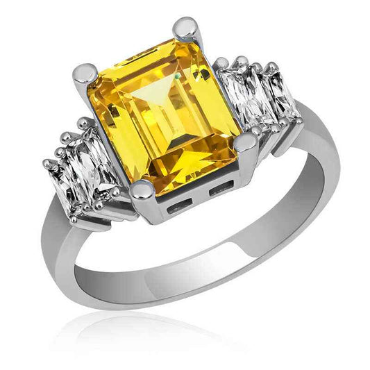Yellow Baguette Stone Women's Silver Ring