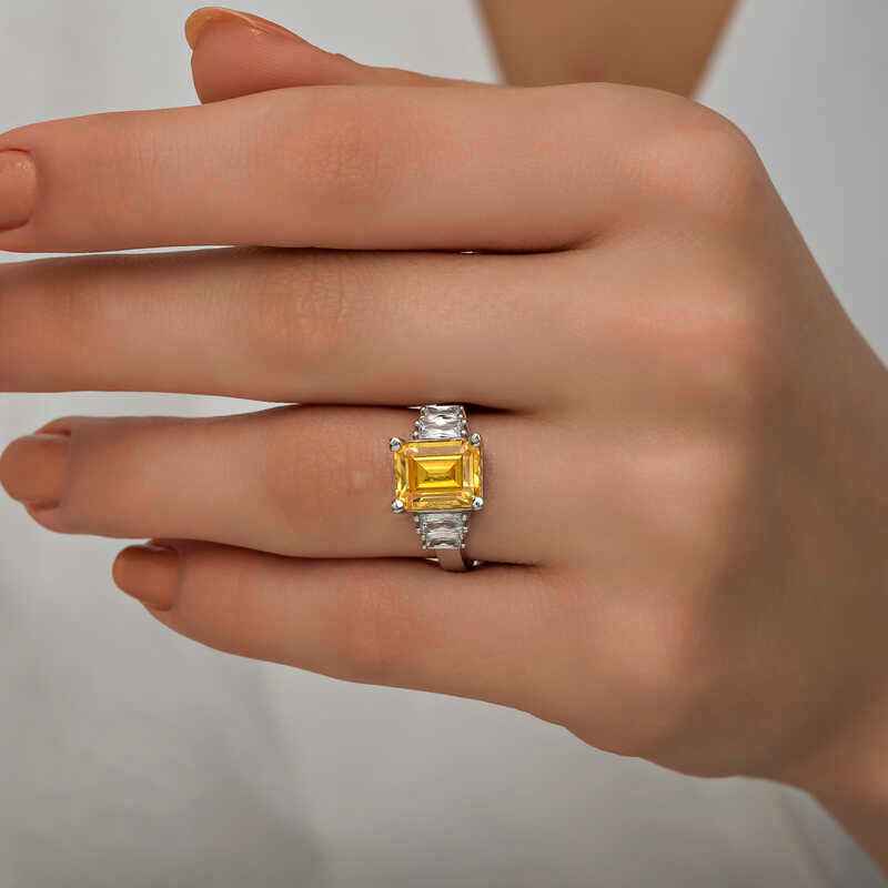 Yellow Baguette Stone Women's Silver Ring
