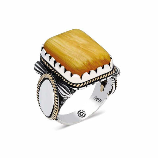 Square Yellow Pressed Amber Stone Men's Silver Ring