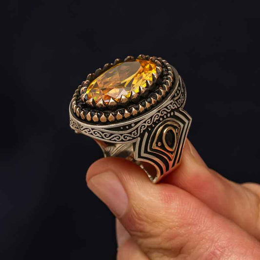 Yellow Citrine Stone Patterned Men's Silver Ring