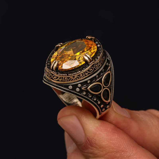 Yellow Citrine Stone Men's Silver Ring