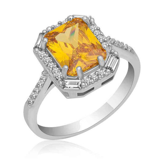 Yellow Stone Baguette Square Women's Silver Ring