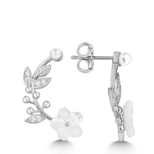 Mother-of-Pearl Flower Stud Women's Silver Earrings