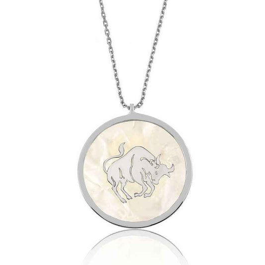 Mother-of-Pearl Stone Taurus Zodiac Women's Silver Necklace