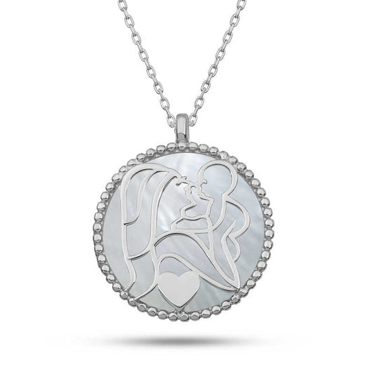 Mother Child Love Pearl Stone Silver Necklace