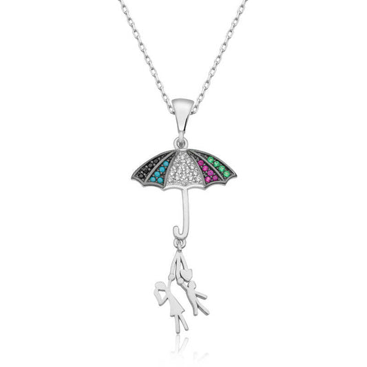 Lovers Holding Umbrella Women's Silver Necklace