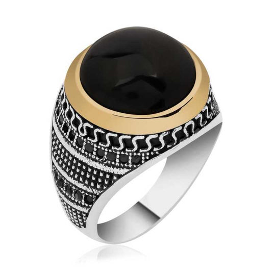 Pressed Amber Stone Men's Silver Ring