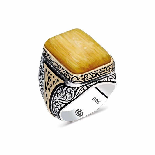 Square Pressed Amber Stone Men's Silver Ring