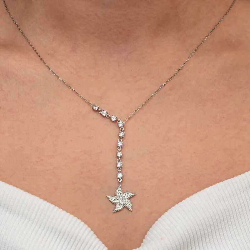 Sequential Zircon Stone Starfish Women's Silver Necklace