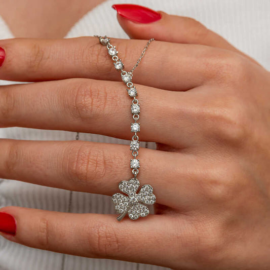 Sequential Zircon Stone Clover Women's Silver Necklace