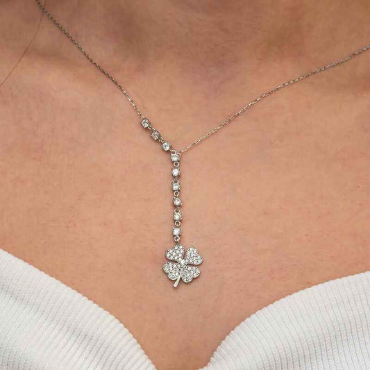 Sequential Zircon Stone Clover Women's Silver Necklace